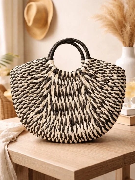 Black Ivory Woven Raffia Tote Bag Boho Coastal Round Handle Anthropologie Style - Picture 4 of 4